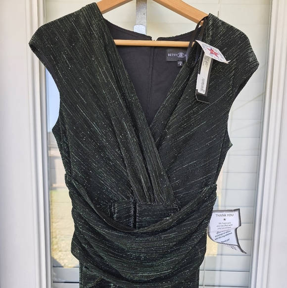 $249 Betsy & Adam Women Metallic Cap-Sleeve Surplice Gown Sz 8 Green Party - Picture 7 of 16